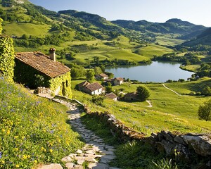 Stone path leads to idyllic village with lake in valley.