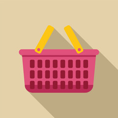 Empty shopping basket with yellow handles casting a long shadow on a beige background, representing retail, consumerism, and purchasing