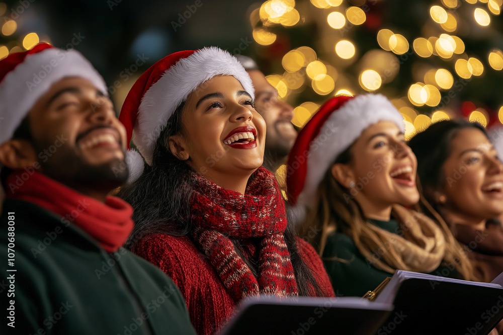 Wall mural A diverse group of people singing Christmas carols at an outdoor event, filled with holiday cheer