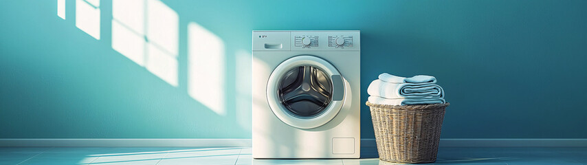 modern washing machine stands against blue wall, with basket of neatly folded towels beside it, creating serene and organized laundry space