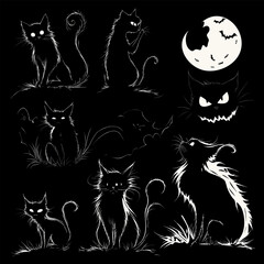 Set of black cat silhouettes isolated on background. Stencil for Halloween, card, poster or other design. Vector Illustration Black cat.