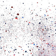 Festive background with confetti in the shape of stars in the color of the American flag.