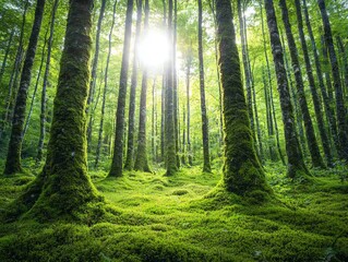 Obraz premium Rich greenery rainforest with towering trees covered in moss, creates a sense of deep tranquility and life.