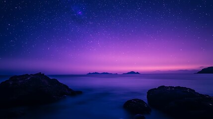 Fototapeta premium Star trails weave across a night sky over the calm sea, revealing the beauty of the cosmos near a tranquil island setting