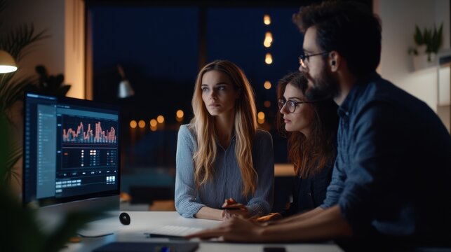 Analysts Collaborating in Front of Holographic Dashboard