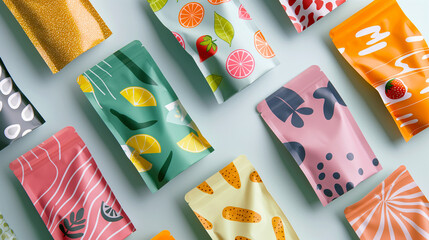 Colorful snack packaging pouches designs with vibrant fruit and abstract designs on isolated 
 light pastel background.