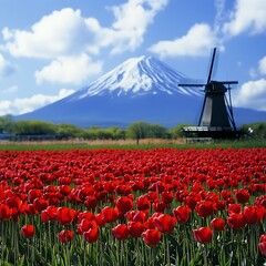 Vibrant tulip fields bloom at the foot of Mount Fuji surrounded by a picturesque landscape and...