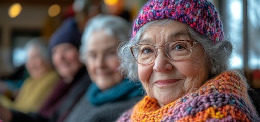 The elderly woman with glasses wears a vibrant knitted hat and scarf, smiling contently. In the background, her friends join her, creating a cozy winter atmosphere.