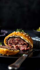 Perfect homemade juicy Beef Wellington, tenderloin dish, English cuisine festive dish