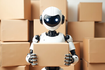 a robot with a box in his hands against the background of stacks of boxes , the concept of automation of loading and unloading