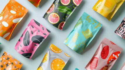 Colorful snack packaging pouches designs with vibrant fruit and abstract designs on isolated 
 light pastel background.