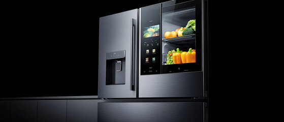 Fototapeta premium modern stainless steel refrigerator with sleek design, featuring French door style and transparent display showcasing fresh fruits and vegetables