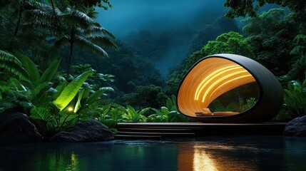 architectural visualization of a wooden pavilion in the shape of a shell