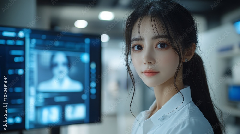 Poster a talking-head ai avatar displayed on a monitor in a modern tech lab with a focused individual