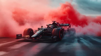 Selbstklebende Fototapeten F1 Sleek black Formula 1 car leaving trail of red smoke against pastel backdrop, creating vibrant and futuristic racing scene.  © Pickoloh