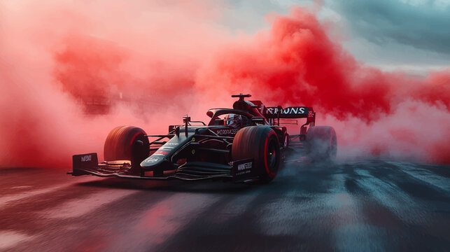 Sleek black Formula 1 car leaving trail of red smoke against pastel backdrop, creating vibrant and futuristic racing scene.