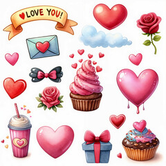 Cute cartoon set of stickers on Valentine's day on white background. AI