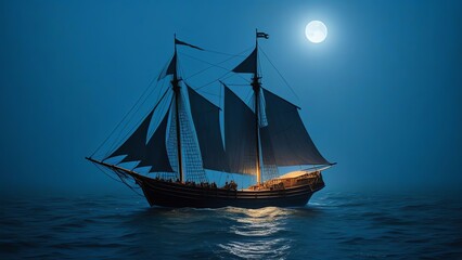 a medieval sailboat sailing on the sea foggy nights bright moonlight eerie atmosphere 