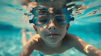 Naklejka premium Underwater Portrait of a Young Boy Wearing Swimming Goggles
