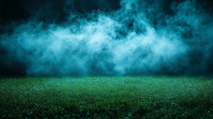 Smoke green background dark ground light smell toxic black bad fog stadium stink mist. Background green grass smoke cloud fart soccer night field dust poison potion floating sport transparent dirty. © Pickoloh