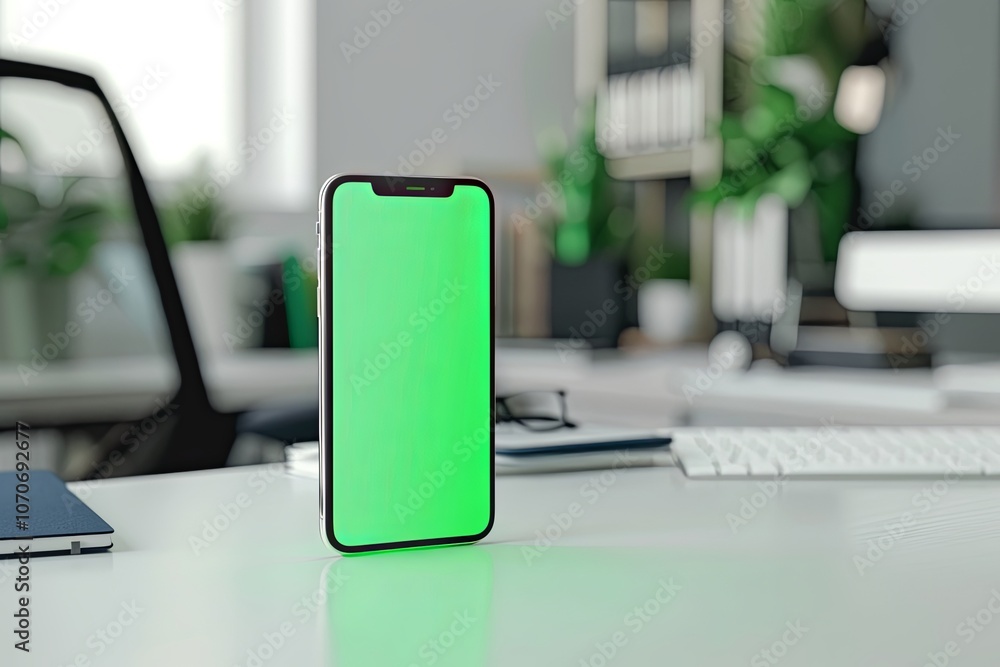 Poster a modern smartphone with a green screen displayed on a minimalist desk in a well-lit office environm