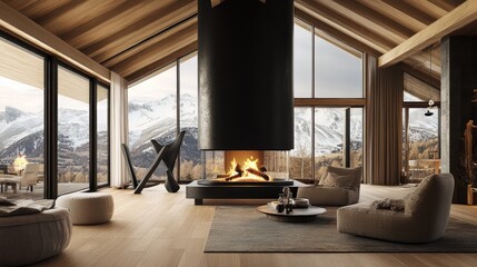 Fototapeta premium Modern Mountain Cabin Interior with Fireplace