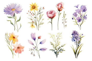 Set of watercolor flowers paintings, floral vintage bouquet illustrations with wildflowers and leaves. on transparent background