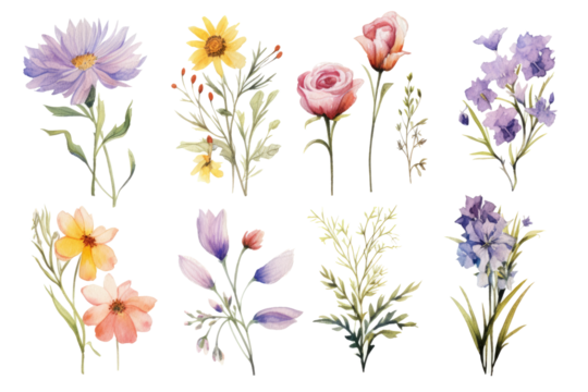 Set of watercolor flowers paintings, floral vintage bouquet illustrations with wildflowers and leaves. on transparent background