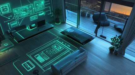 Fototapeta premium High-Tech Smart Home at Night with Glowing AI Control Panels, Wireframe Neon Connections, Aerial View of Connected Devices & Futuristic Gadgets