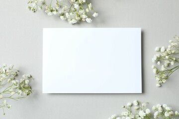 Top view photo with paper card  and gypsophila flowers on gray background