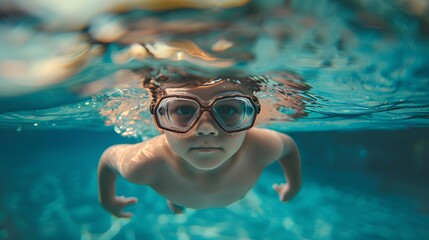 Naklejka premium A Child Wearing Swimming Goggles Underwater