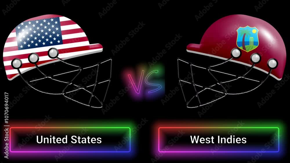 Poster united states vs west indies match animation with flags on helmets and colorful border over text all