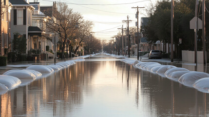 Fototapeta premium Flooded Streets with Flood Protection Bags Community Response