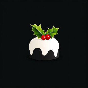 recommend clip art: Christmas pudding with holly leaves and berries on dark background