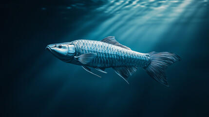 Fototapeta premium silver arowana gracefully moving through serene waters, showcasing its sleek body and shimmering scales. tranquil underwater scene evokes sense of calm and beauty
