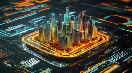 A vibrant hologram of a 3D cityscape floating above a digital interface, showcasing advanced technology and creative innovation in urban design.