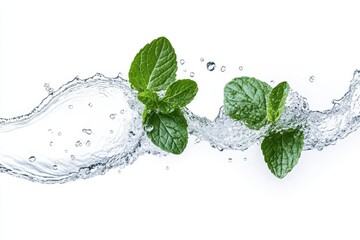 Fresh mint leaves splashing in water, isolated on white.