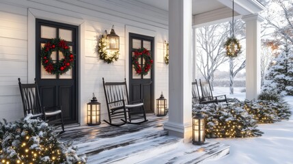 Fototapeta premium Snowy Front Porch with Christmas Decorations and Lanterns