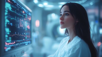 Naklejka premium Holographic AI nurse engages with medical data in a futuristic hospital environment