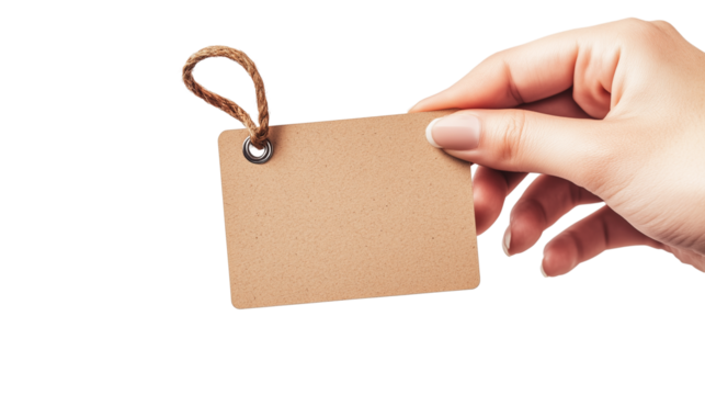 Hand holding blank name tag label isolated on transparent background