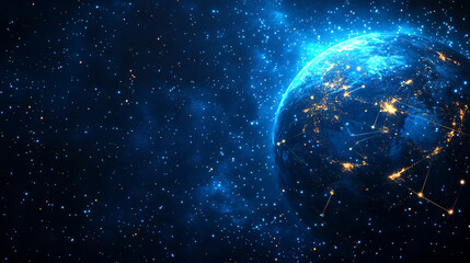 dark blue background with the Earth glowing brightly in space, symbolizing global unity, the vastness of the universe, and the interconnectedness of humanity within the cosmos
