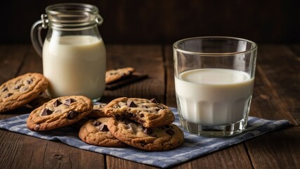 A cozy scene featuring cookies and milk on a wooden table, perfect for a snack or dessert.