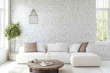 Papier peint en mur de briques blanches légèrement usées pour un style rustique et moderne..