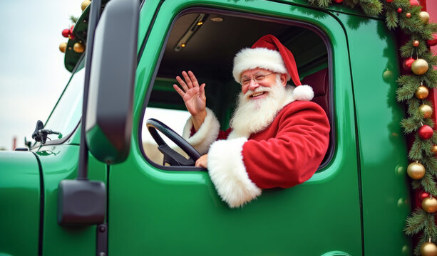 Santa Claus is driving a green truck with garlands , waving and smiling
