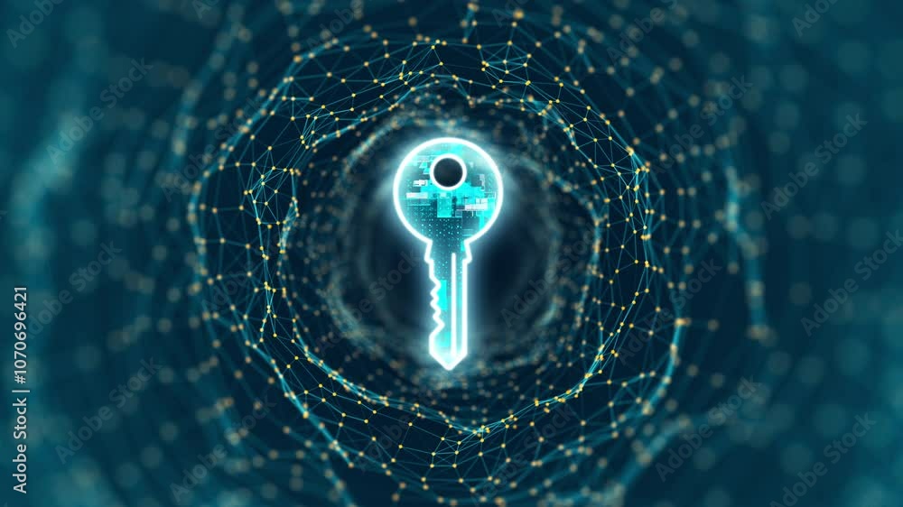 Poster motion graphic of blue digital security key logo and tunnel line connection with network firewall te