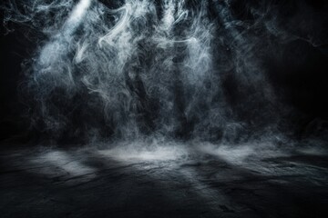 A dark, atmospheric scene with swirling smoke and light beams, creating a dramatic and mysterious ambiance.