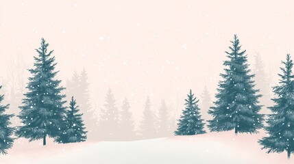Obraz premium Winter Snowfall Scene with Evergreen Trees and Foggy Sky