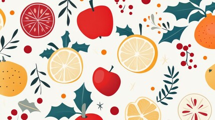 Holiday Fruit Pattern with Apples, Citrus, Holly Leaves, and Berries