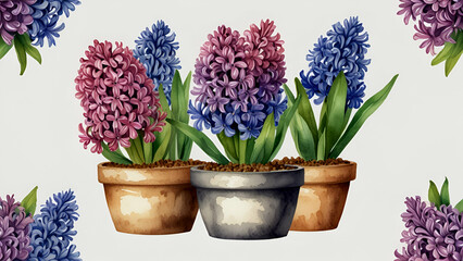 Fototapeta premium Watercolor Hyacinth Flower in Pot on White Background, Spring Botanical Illustration