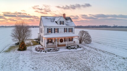 White Farmhouse with Christmas Lights and Wreath in Snow Covered Field